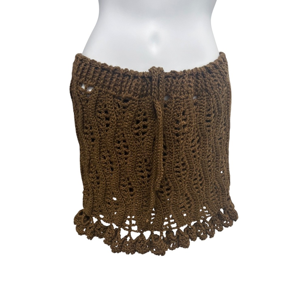 Handmade Brown Crochet Mini Skirt Boho Pointelle Scalloped Ruffle Hem Small
